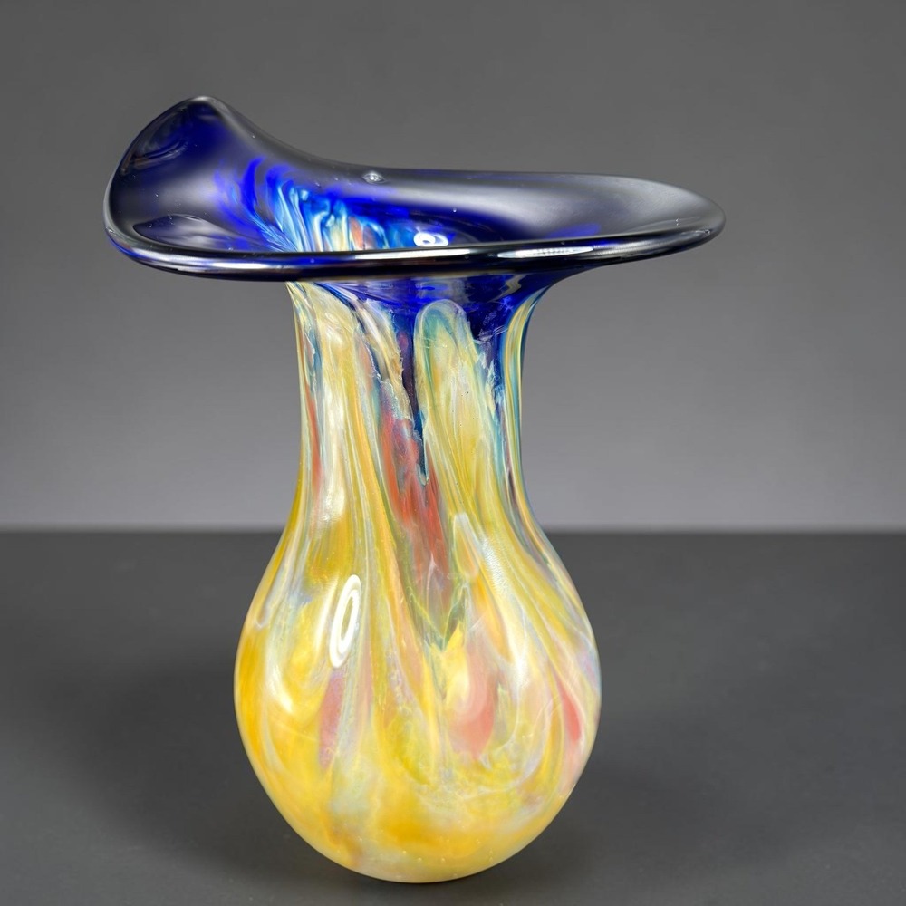 Arribas Brothers Disney World Hand Blown Art Glass Vase Blue Yellow Swirl 10inch